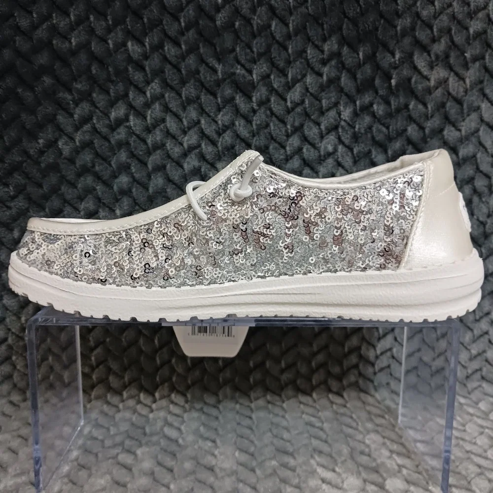 Hey Dude Wendy Sequin Cream Silver Women's Slip-On Comfort Sneakers Shoes Size 5